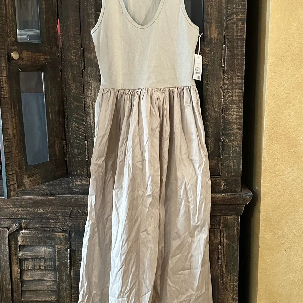 Nordstrom Mixed Media Stretch Cotton Tank Maxi Dress Beige Scroll NWT Small - Picture 8 of 11